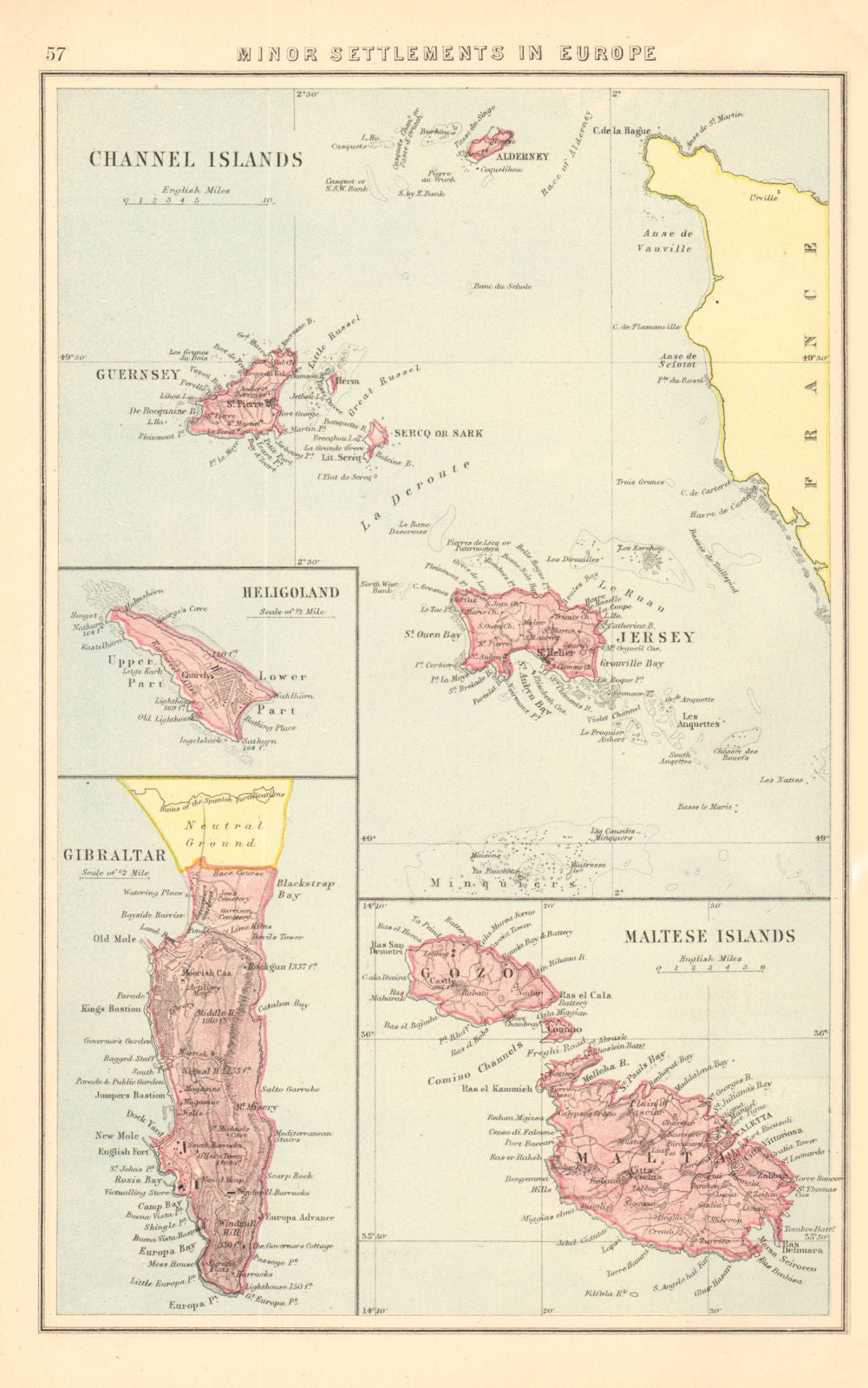 BRITISH EUROPEAN SETTLEMENTS. Jersey Heligoland Gibraltar Cyprus Malta 1876 map